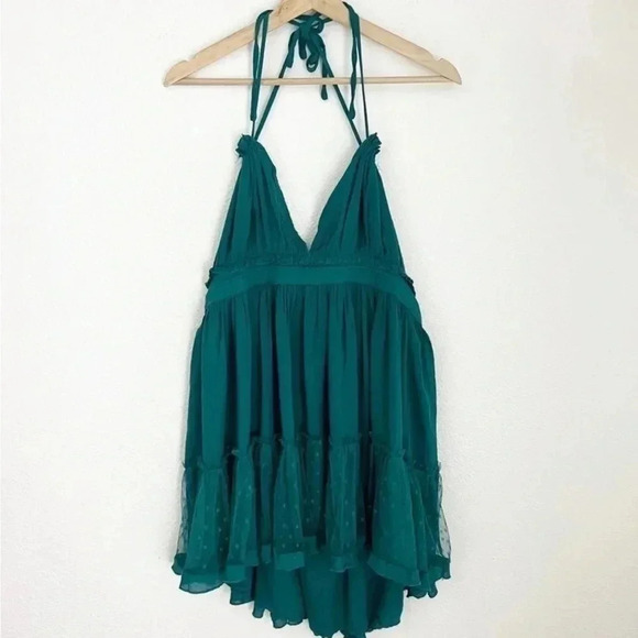 NWT R.Vivimos Teal Summer Halter Deep V Neck Mini Dress, Size Medium - Picture 2 of 10